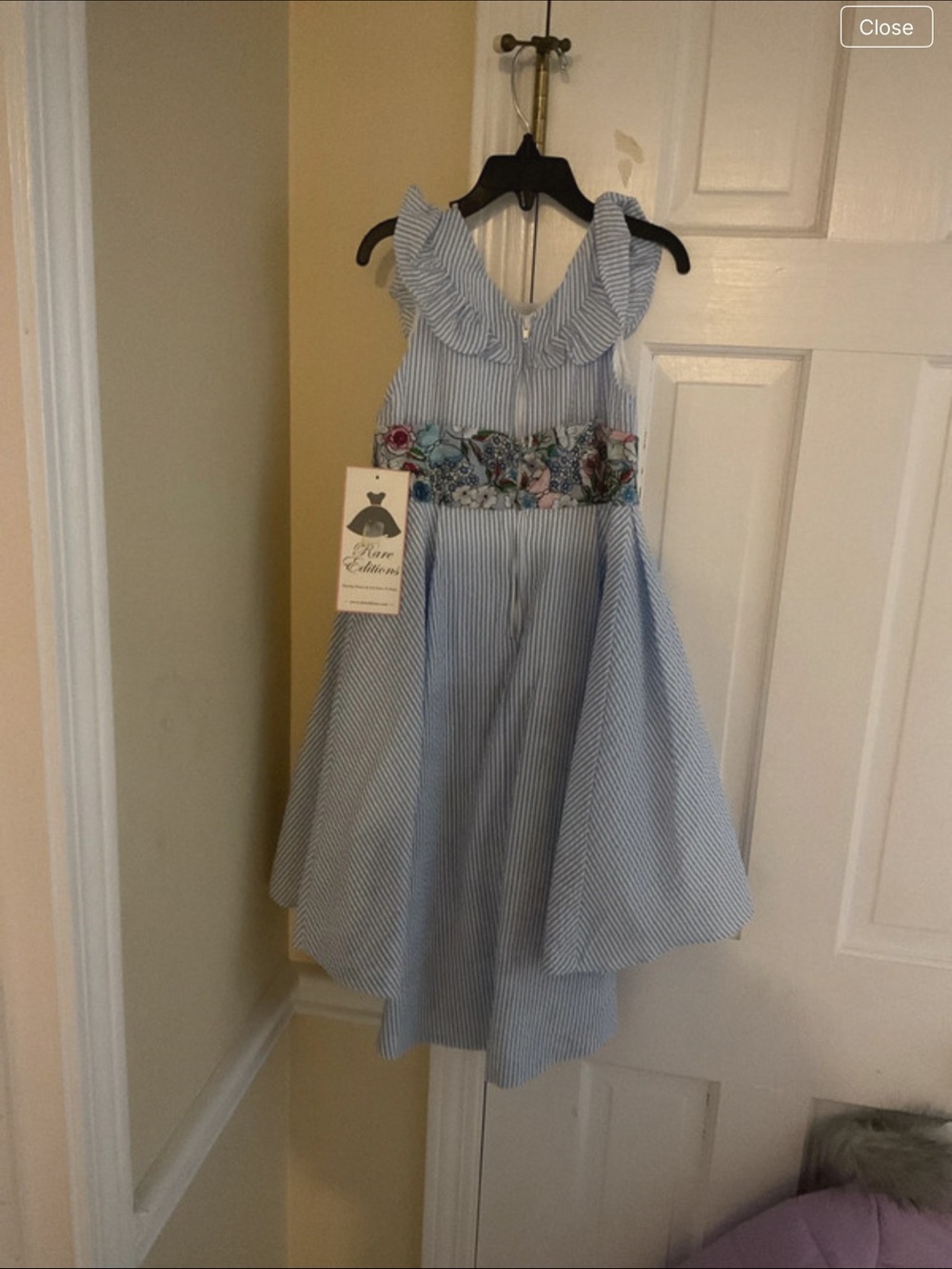 Rare Editions Blue Pinstripe Dress with Floral Embroidered Waist